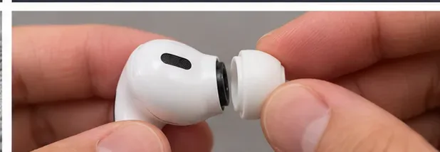 A hand aligning a white AirPods Pro ear tip with the oval connector on the earbud