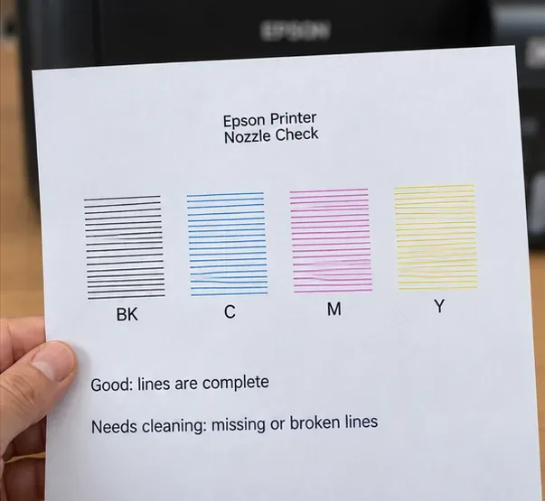 A hand holding a representative Epson-style nozzle-check sheet with black, cyan, magenta, and yellow line groups