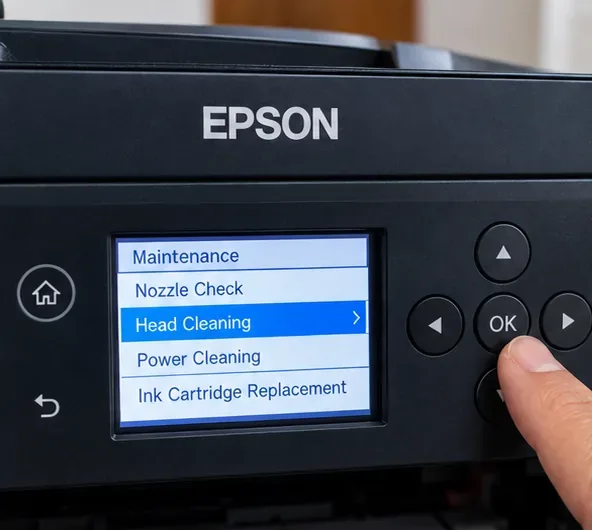 A representative Epson printer control panel showing a Maintenance menu with Head Cleaning selected