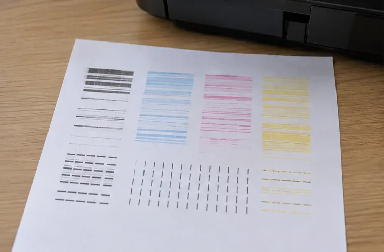 A print quality diagnostic sheet beside an inkjet printer showing faded cyan, magenta, yellow, and black test patterns with visible gaps.