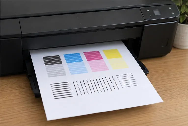 An inkjet printer outputting a clean color test page with black, cyan, magenta, and yellow bars and line patterns.