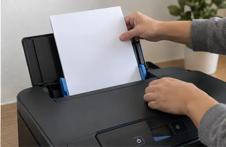 Hands loading a stack of plain white paper into the rear input tray of a black inkjet printer.