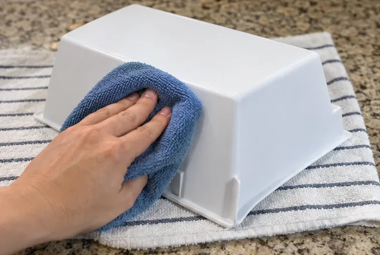 A clean ice bin being dried completely with a microfiber cloth on top of a kitchen towel.