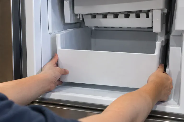 A dry white ice storage bin being slid back into position beneath a freezer ice maker.