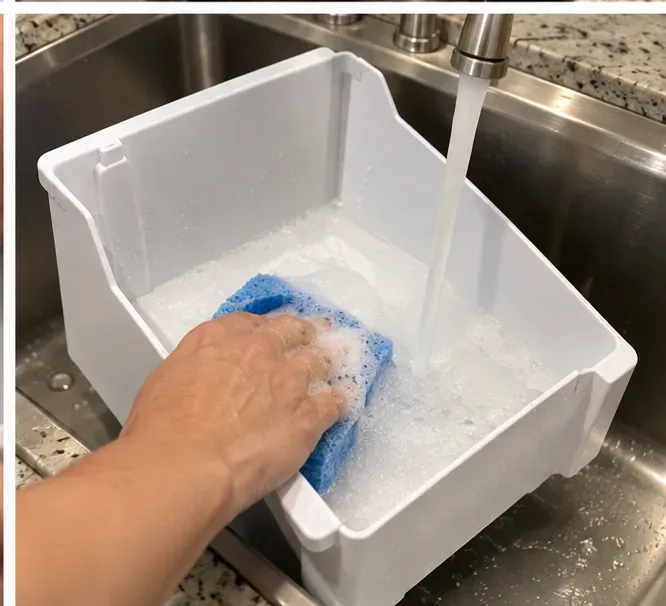 A white ice storage bin being hand-washed in warm soapy water with a soft sponge.