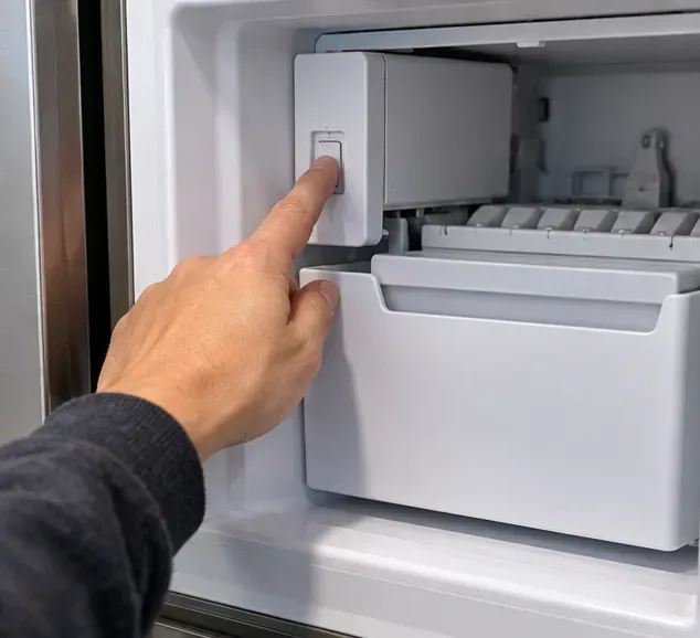 A hand switching off a freezer ice maker before the storage bin is removed for cleaning.