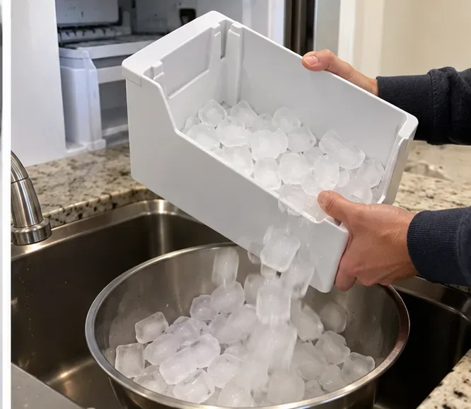 A white freezer ice bin being emptied into a bowl at a kitchen sink before washing.