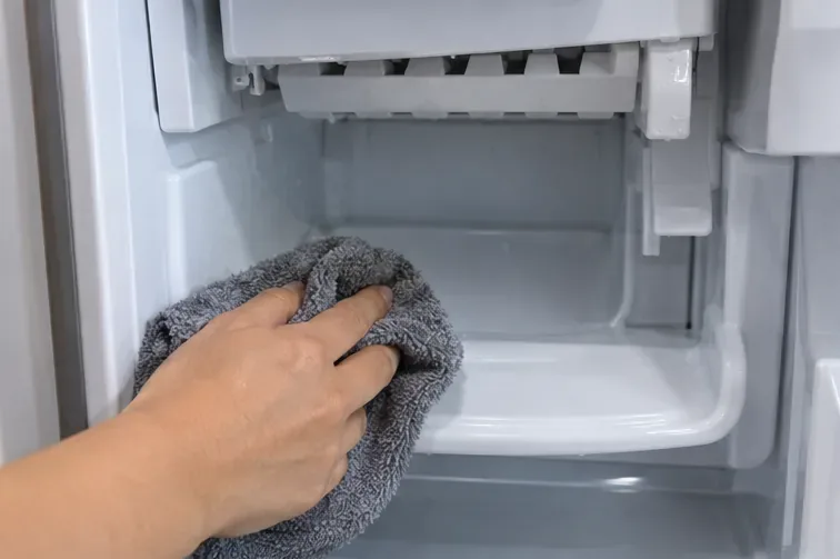 A microfiber cloth wiping the accessible ice chute and shelf area beneath a freezer ice maker.