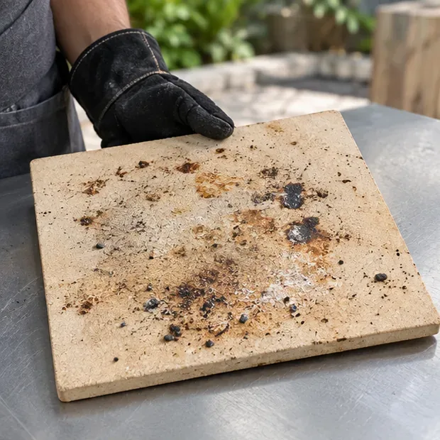 A gloved person holds a cooled square pizza stone with dark baked-on spots over a stainless work surface.