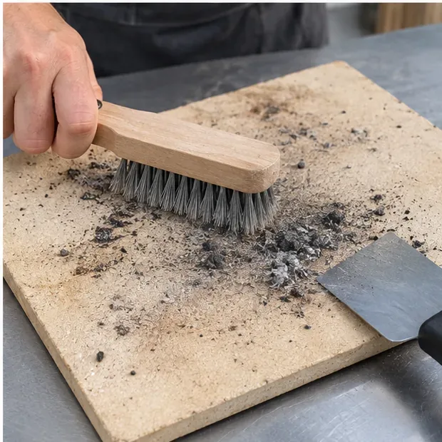 A stiff wooden-handled brush loosens black ash on a cooled pizza stone while a broad scraper rests beside it.