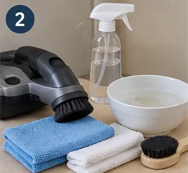 Vacuum brush, spray bottle, bowl of water, microfiber cloths, and a soft brush arranged for cleaning fabric blinds