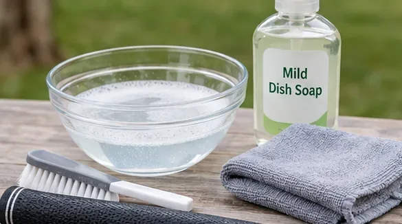 Golf grip cleaning supplies arranged on a table, including mild dish soap, a bowl of water, a soft brush, a towel, and a black golf grip