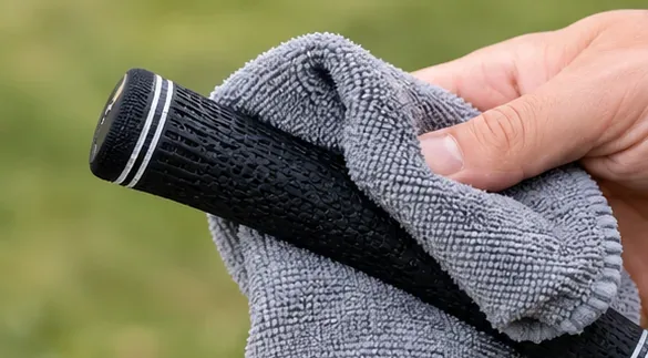 A freshly cleaned black golf grip being dried thoroughly with a gray microfiber towel