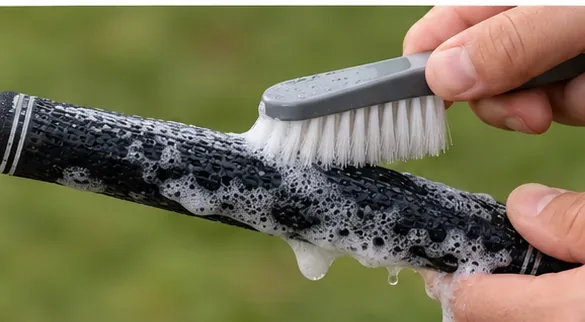 Close-up of a black textured golf grip being gently scrubbed with a soft-bristle brush and soapy water