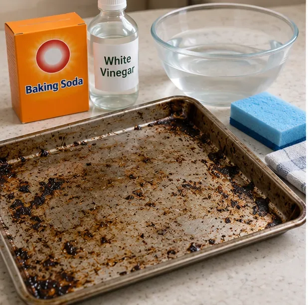 A heavily soiled bare-metal oven tray beside a sponge, water, baking soda, and white vinegar