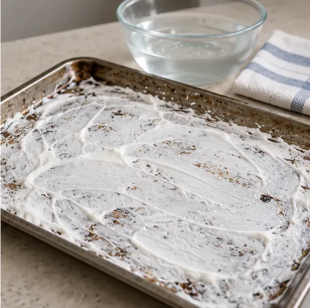 A dirty bare-metal oven tray covered with a white baking-soda paste