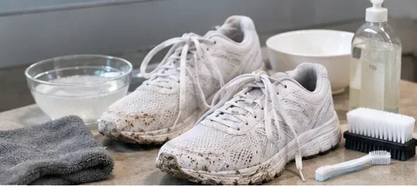 Two dirty white mesh running shoes beside a bowl of water, mild cleaner, soft brushes, and microfiber cloths.