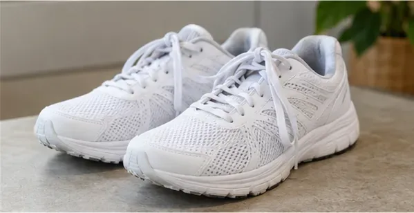 A clean pair of white mesh running shoes fully reassembled on a countertop.