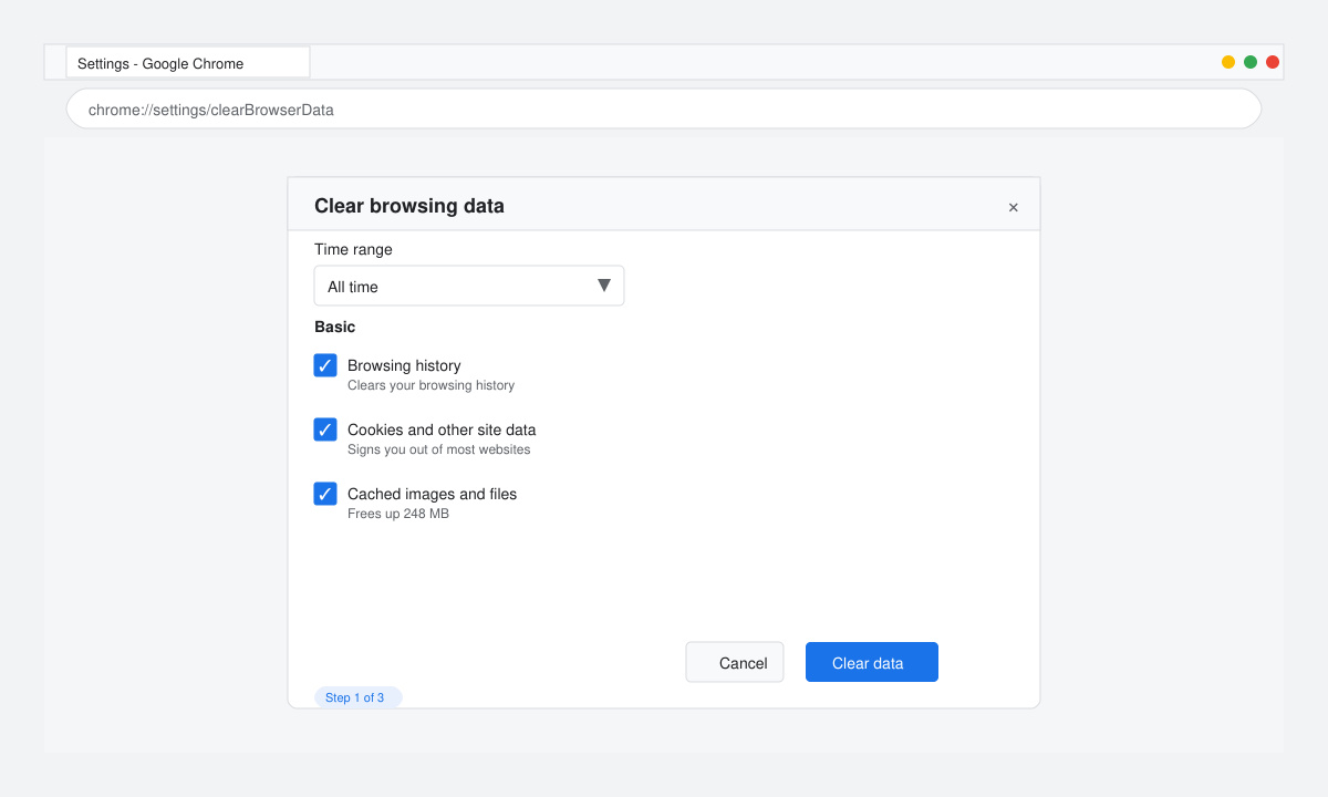 Clear browsing data dialog box in Chrome with time range and data type options visible
