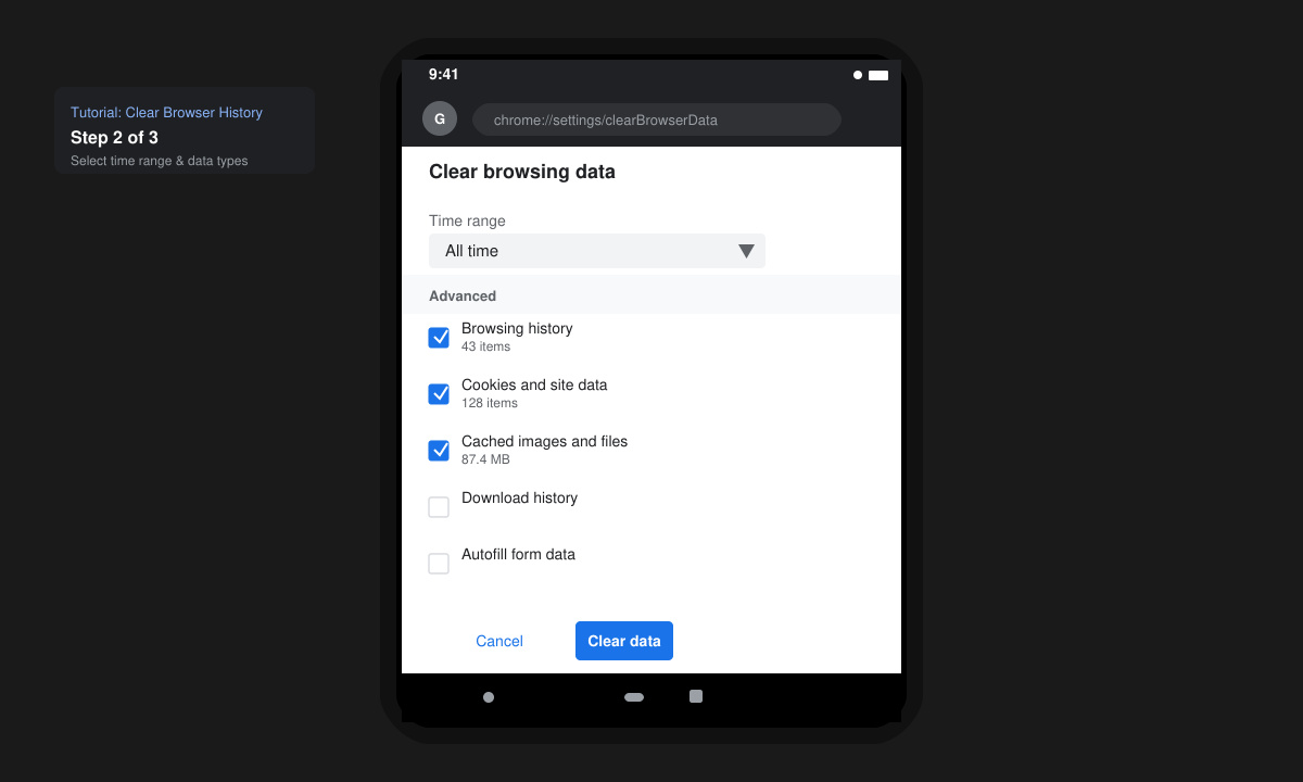 Android Chrome clear browsing data screen with checkboxes and time range selector
