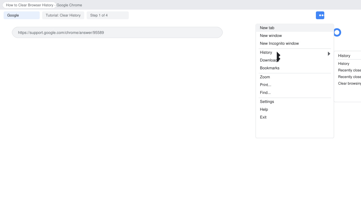Close-up of Chrome three-dot menu with History option selected