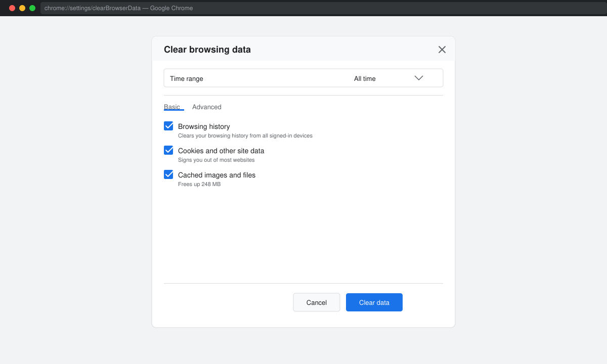 Clear browsing data dialog box in Chrome showing time range and checkboxes selected