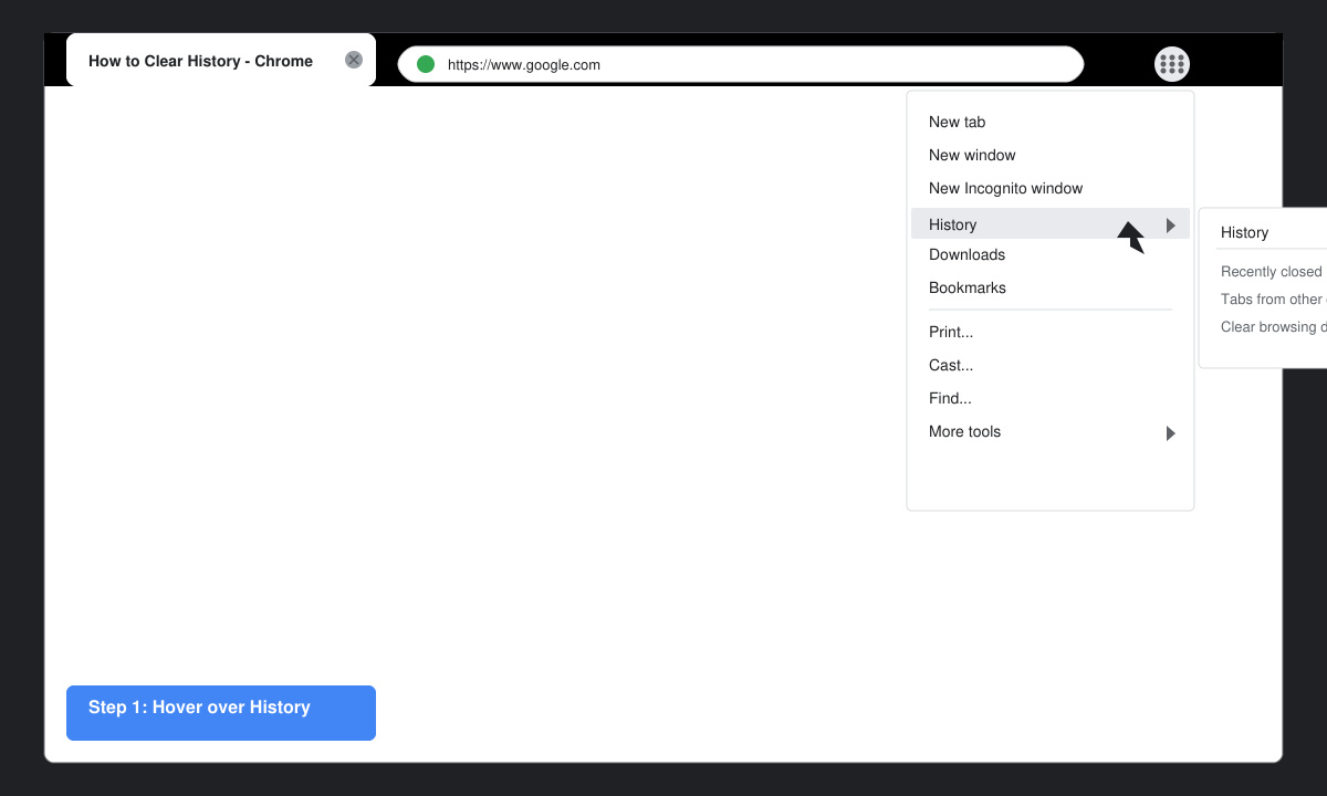 Close-up of Chrome three-dot menu with History option highlighted