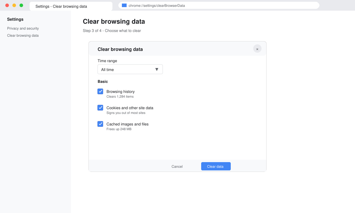 Clear browsing data dialog box with time range and checkboxes selected