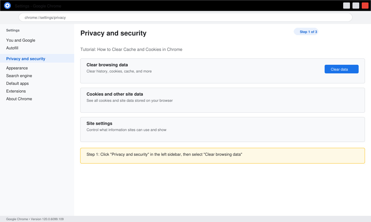 Chrome desktop settings with Privacy and security highlighted