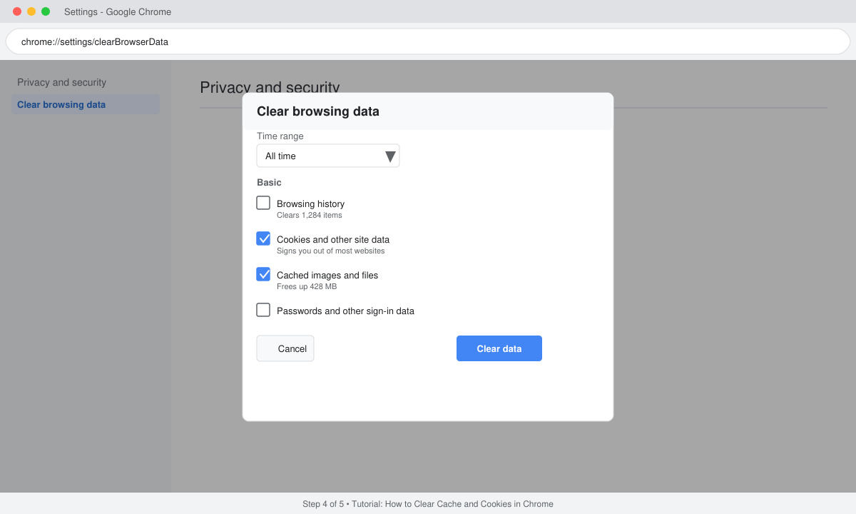 Clear browsing data confirmation window in Chrome desktop