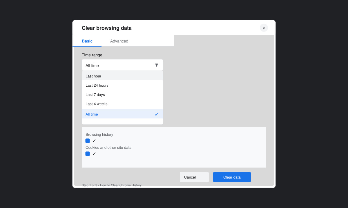 Close-up of the Clear browsing data dialog box with time range dropdown open