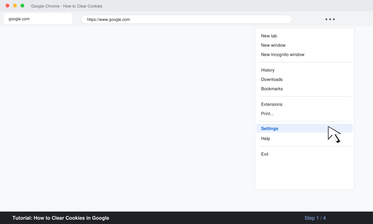 Close-up of Chrome three-dot menu with Settings option visible
