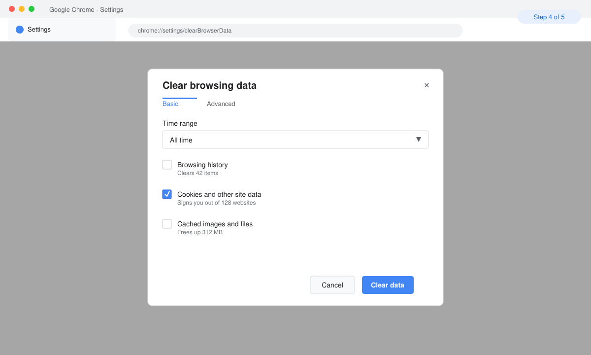 Clear browsing data dialog box with Cookies and other site data checked and Clear data button highlighted