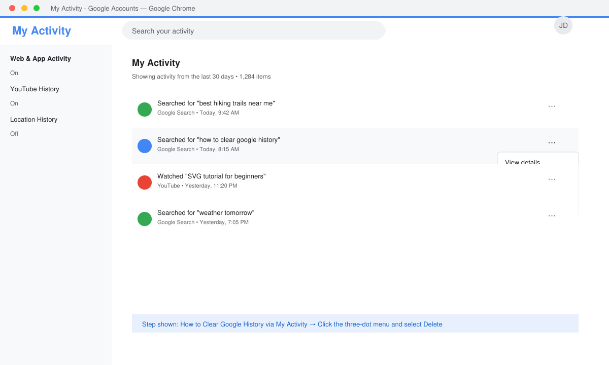 Close-up of the My Activity page with the three-dot menu open next to a search result
