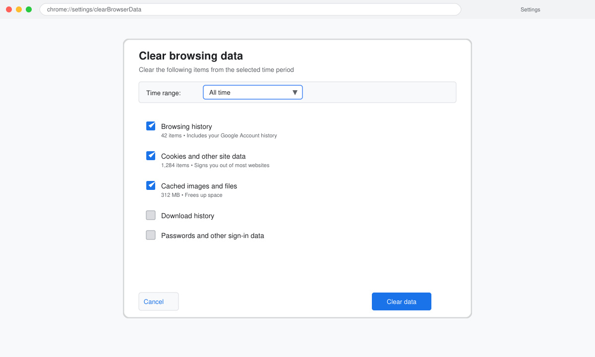 Chrome clear browsing data dialog with time range and checkboxes selected