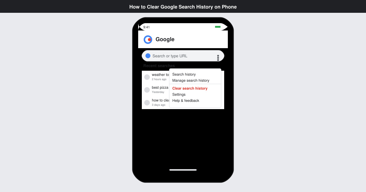 Phone screen showing Google app with search history visible and the three-dot menu open