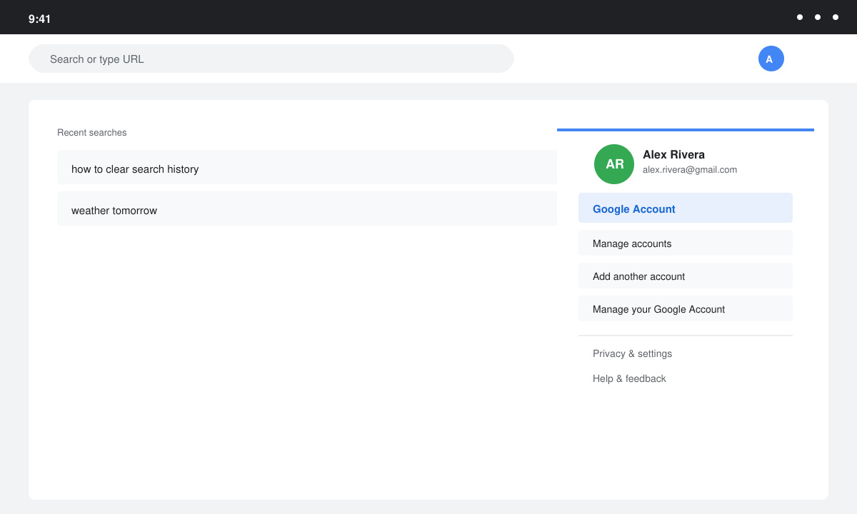 Google app profile menu with 