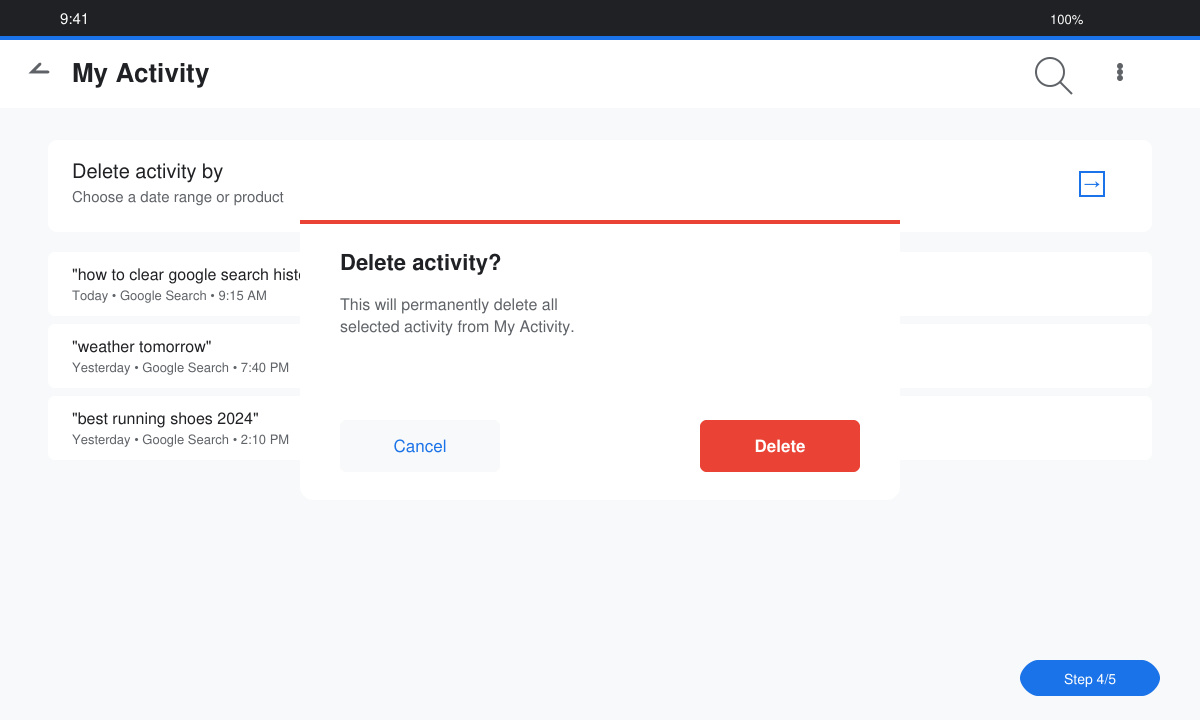 My Activity screen showing the Delete activity by option and confirmation dialog