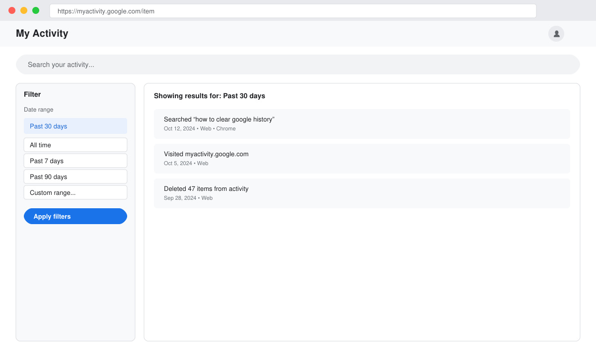 Browser screen displaying the My Activity page with the search bar and filter options visible