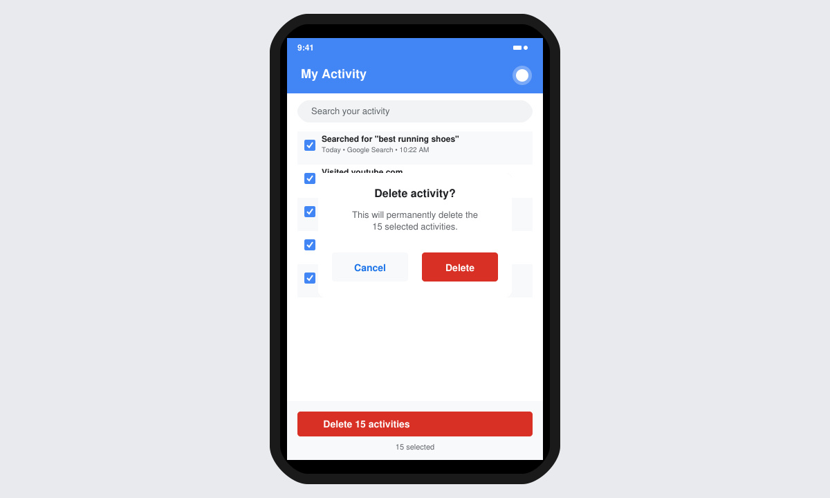 Mobile screen showing the Google app My Activity page with delete confirmation prompt