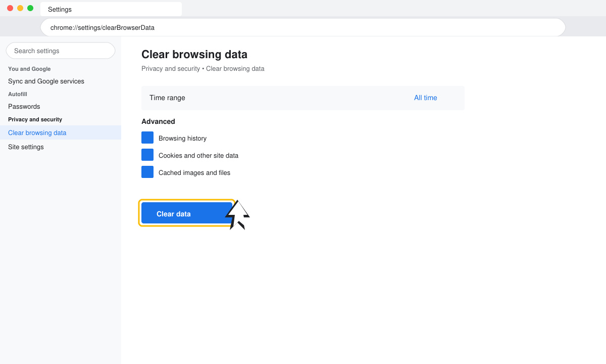 Chrome settings screen highlighting the Clear browsing data button