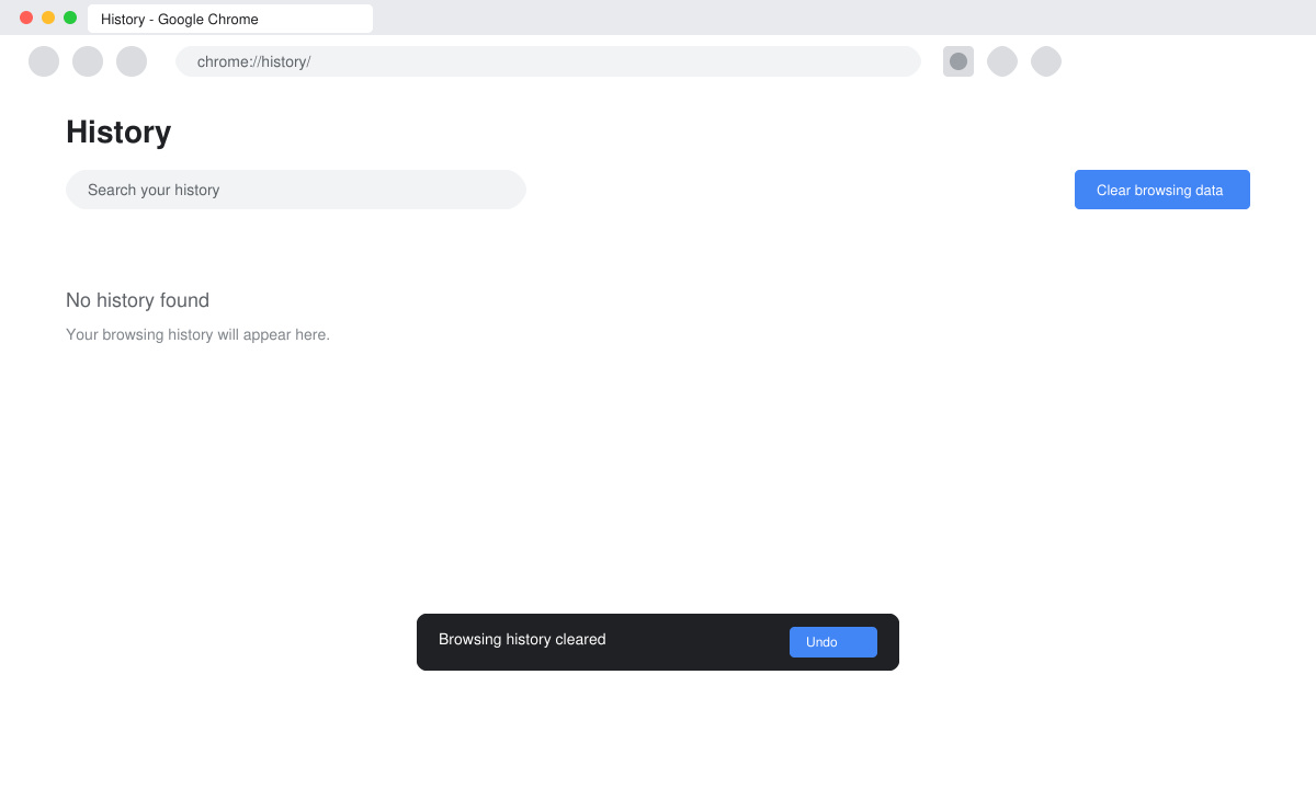 Confirmation screen after clearing data with empty history view