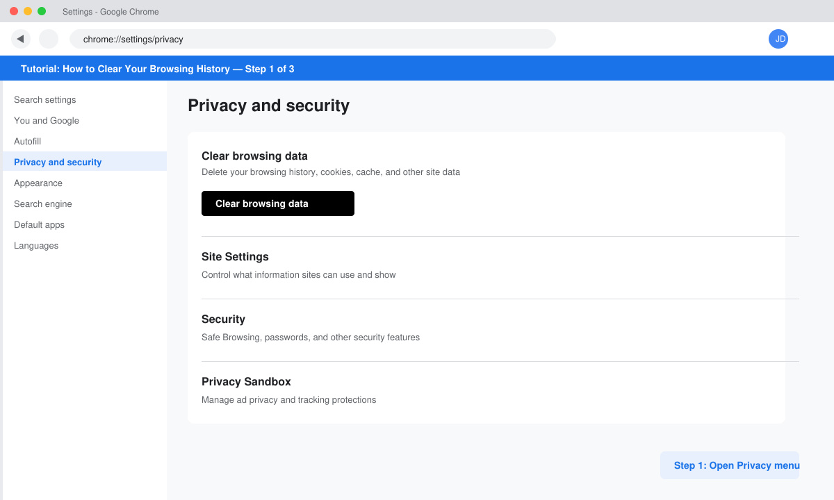 Chrome settings window with Privacy and security section expanded and Clear browsing data button visible