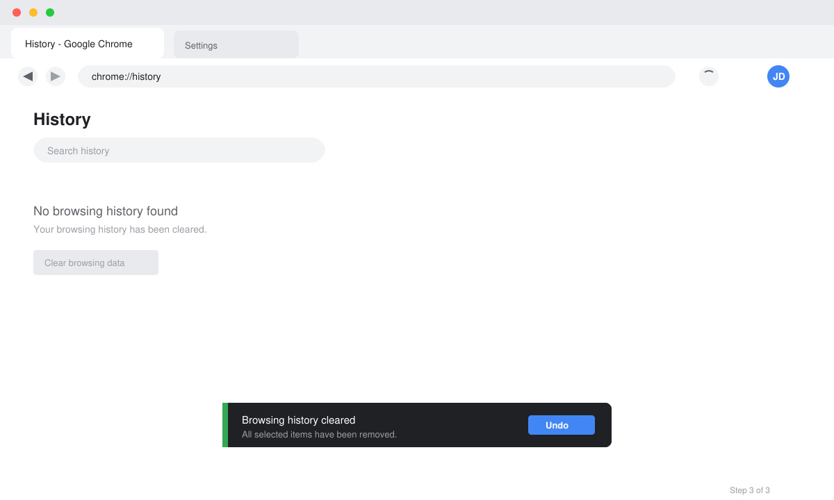Confirmation message in Chrome after clearing browsing history successfully