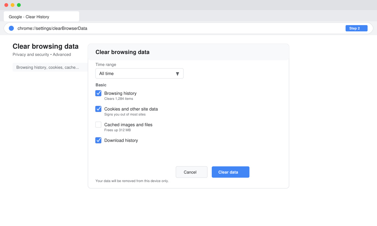 Clear browsing data dialog with time range set to All time and browsing history selected