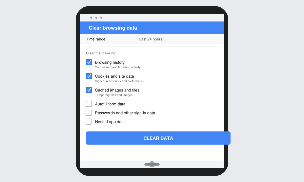 Android Chrome clear browsing data screen with checkboxes visible