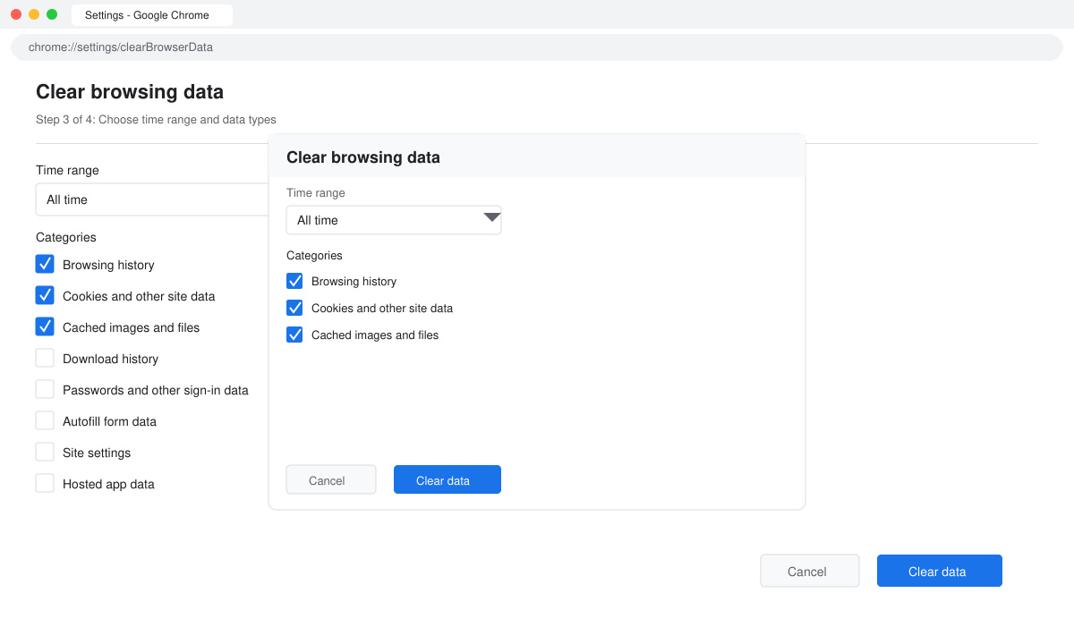 Clear browsing data dialog box with All time selected and Clear data button visible