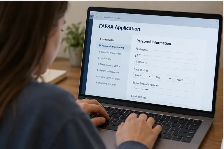 Student using a laptop displaying a FAFSA-style personal information section