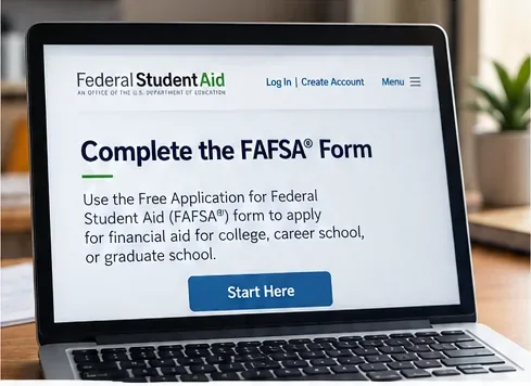 Laptop showing an official-style FAFSA start page