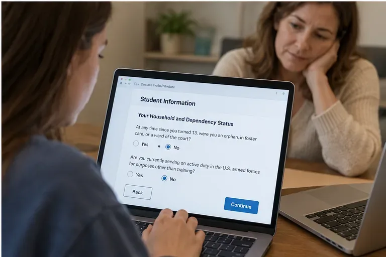Student answering household and dependency questions on a laptop while a parent sits nearby